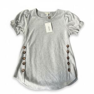 Como Blu Puff Sleeve Button Detail Top NWT Gray Knit Stretch Tee Women’s Small
